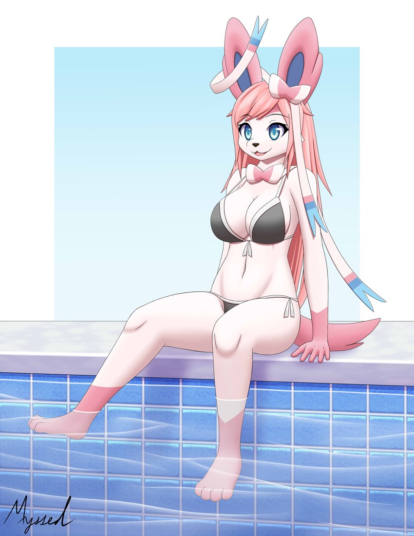 anthro big_breasts bikini blue_eyes breasts clothing female hair long_hair looking_at_viewer open_mouth open_smile pink_hair pool sitting smile solo swimwear two-piece_swimsuit water myssedakes nintendo pokemon eeveelution generation_6_pokemon pokemon_(species) sylveon absurd_res hi_res