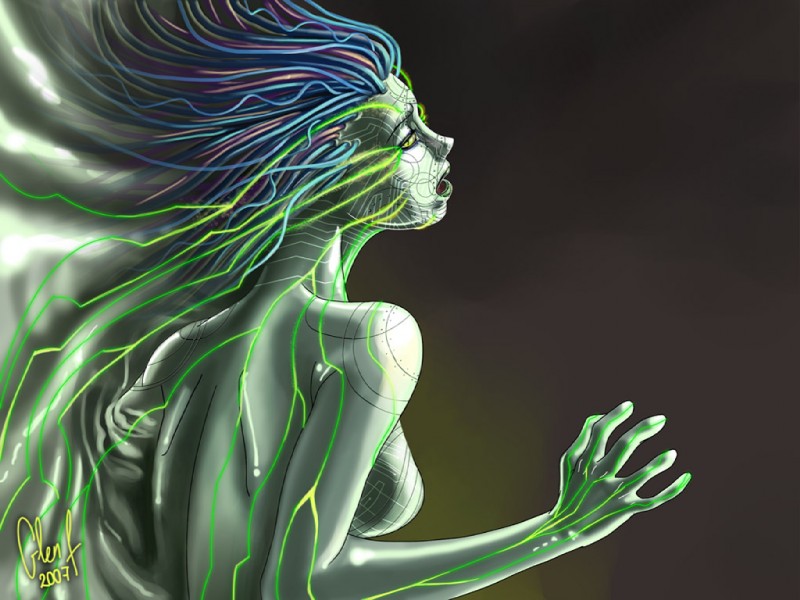 artificial_intelligence breasts female green_markings machine markings not_furry side_boob solo axigan system_shock shodan android digital_creature robot 2007 4:3 wallpaper