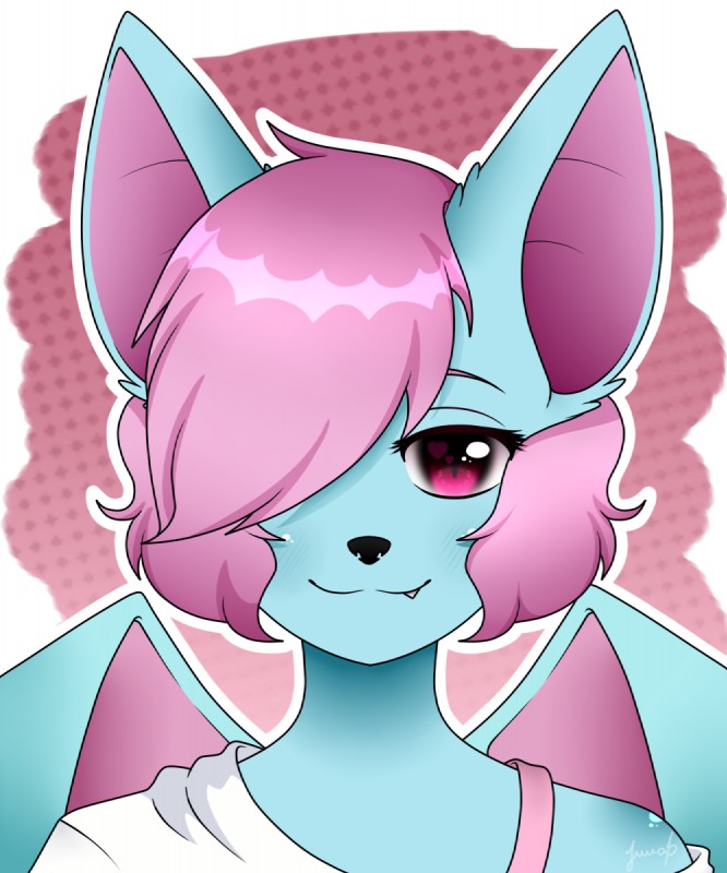 blue_body femboy hair hair_over_eye looking_at_viewer one_eye_obstructed pink_eyes pink_hair smile solo wings terry_bat bat mammal 5:6 digital_media_(artwork) hi_res