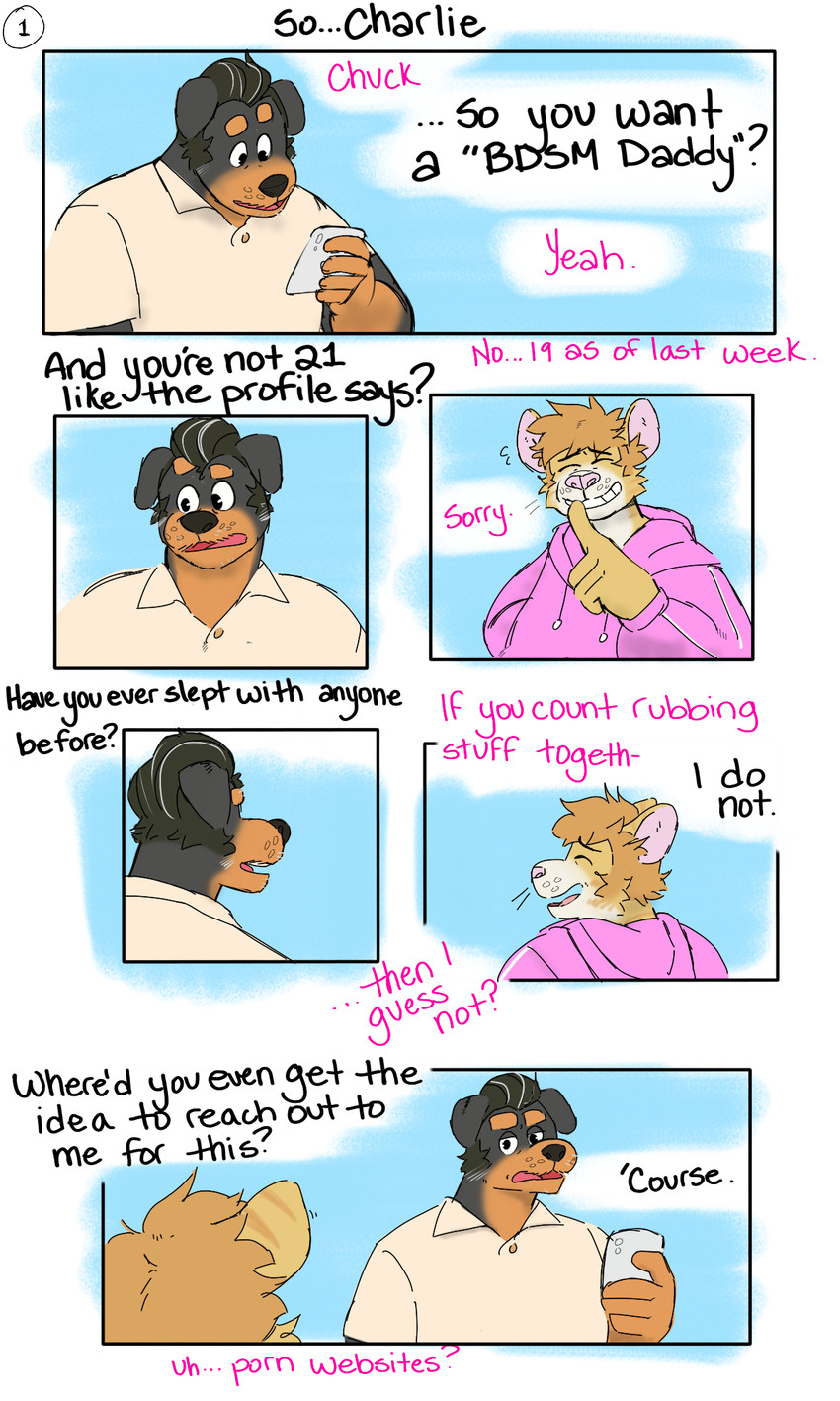 abstract_background anthro apology base_four_layout biped black_body black_fur black_hair black_nose blockage_(layout) brown_body brown_fur brown_hair clothed clothing dialogue duo fur hair horizontal_blockage male male/male pink_clothing simple_background six_frame_image speech_bubble text topwear p_rindustries chuck_(p_rindustries) will_(p_rindustries) canid canine canis domestic_cat domestic_dog felid feline felis mammal mastiff molosser rottweiler tabby_cat 2022 3:5 comic digital_drawing_(artwork) digital_media_(artwork) english_text first_page hi_res multiple_scenes