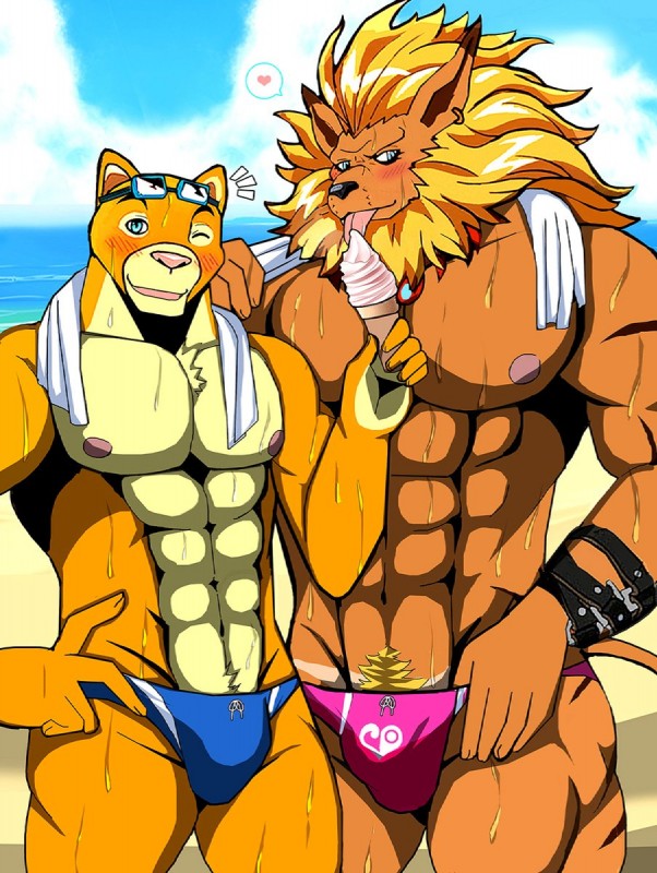 abs anthro beach biceps big_muscles blue_eyes blush bulge clothed clothing clothing_pull dessert duo ear_piercing food fur ice_cream looking_at_viewer male mane muscular muscular_male nipples outside pecs piercing pubes sand seaside skimpy sky speedo standing straps suntan swimwear swimwear_pull tan_line topless water bearlovestiger13 bandai_namco digimon don_puma cougar digimon_(species) felid feline leomon mammal hi_res