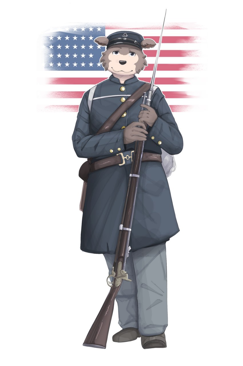 1800s american_civil_war american_flag anthro bayonet brown_body brown_fur clothed clothed_anthro clothed_female clothing female female_anthro flag flag_background footwear fully_clothed fully_clothed_anthro fully_clothed_female fur gun hat headgear headwear holding_gun holding_object holding_ranged_weapon holding_weapon kepi knife melee_weapon military military_cap military_uniform musket ranged_weapon shoes soldier solo uniform union_uniform_(american_civil_war) united_states_of_america warrior weapon mitchthegoat beastars juno_(beastars) canid canine canis mammal wolf absurd_res hi_res