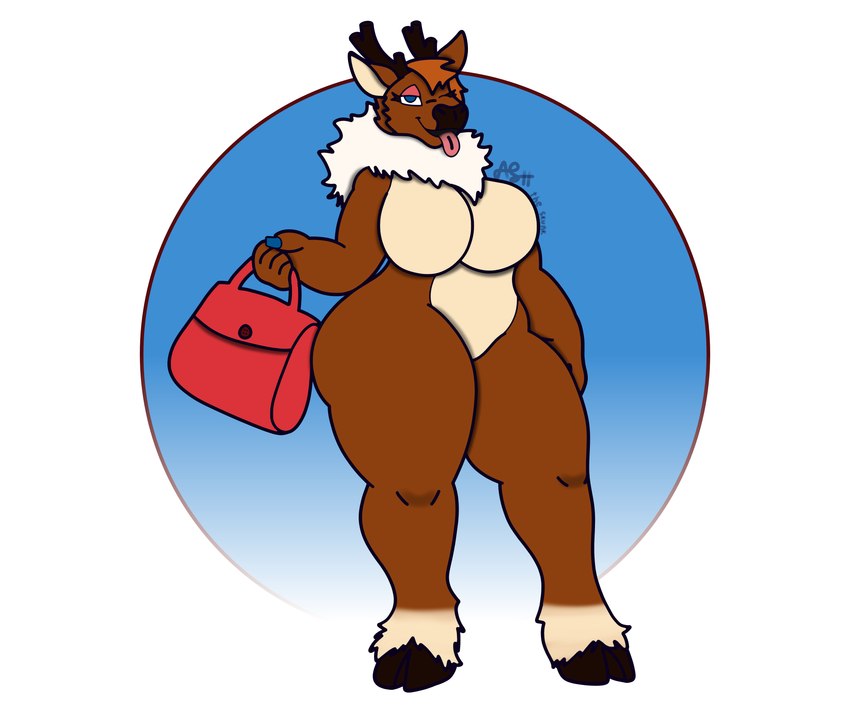 anthro antlers big_butt blue_eyes breasts brown_body brown_fur butt featureless_breasts featureless_crotch female fur handbag holding_object hooves horn looking_at_viewer nails no_pupils one_eye_closed solo standing thick_thighs tongue tongue_out white_body white_fur wink winking_at_viewer ash_the_skunk deer mammal new_world_deer reindeer 6:5 absurd_res hi_res