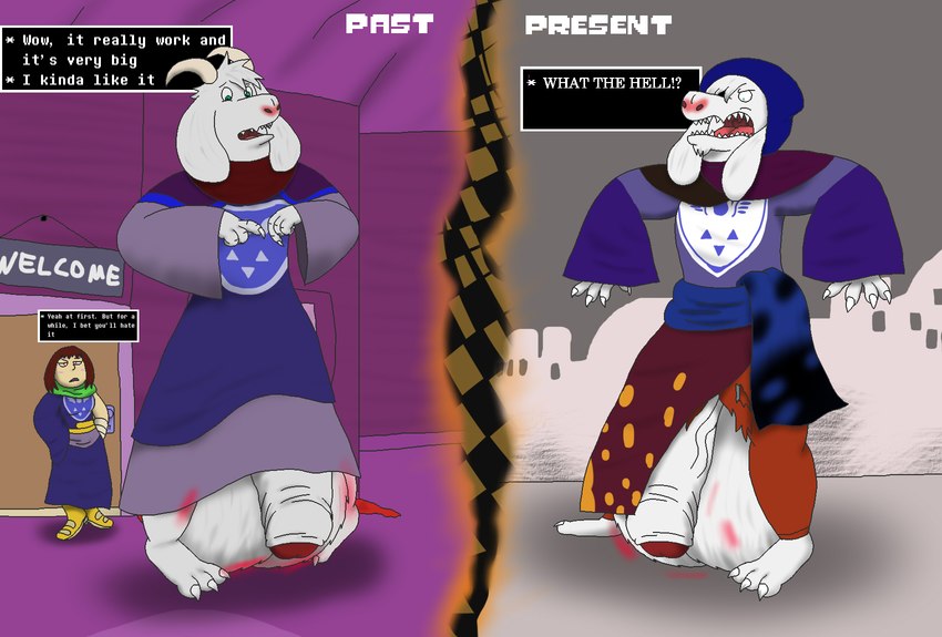 anthro balls big_balls big_penis expansion female genital_expansion genitals group huge_balls huge_penis humanoid_genitalia humanoid_penis hyper hyper_balls hyper_genitalia hyper_penis magic male penis text time_paradox trio alythewolfcat undertale undertale_(series) asriel_dreemurr chara_(undertale) fan_character leiras boss_monster_(undertale) bovid caprine goat mammal english_text hi_res