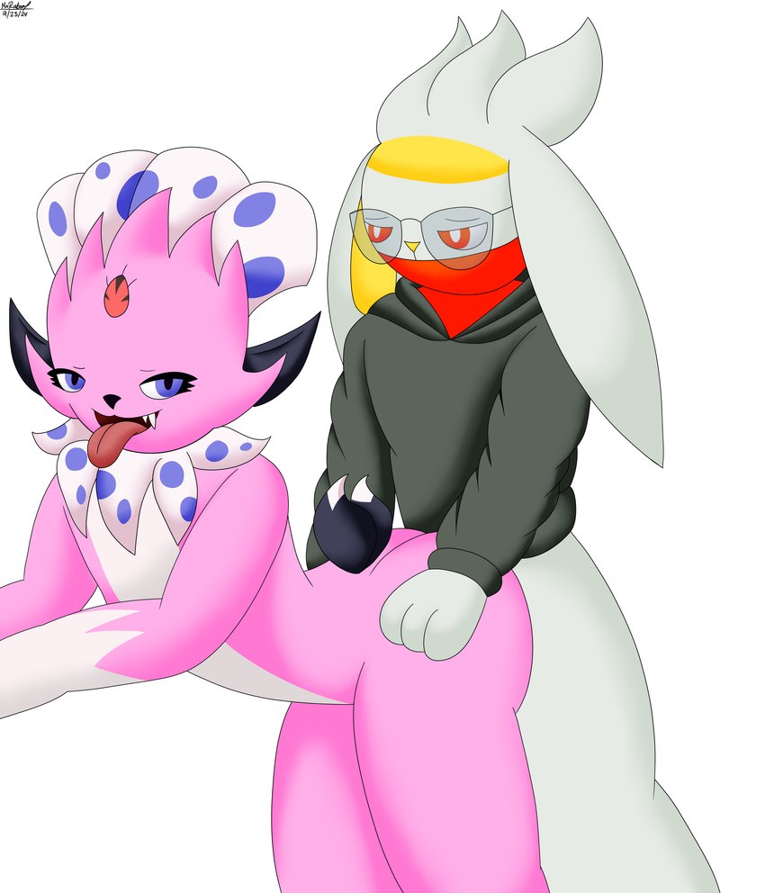 anal anthro bedroom_eyes butt claws clothing duo eyewear feathers fur glasses grey_body grey_fur happy hoodie jewelry male male/male narrowed_eyes orange_eyes pink_body pink_fur pose purple_eyes scarf seductive sex simple_background tail tongue tongue_out topwear white_background mrraboot nintendo pokemon fan_character kerolink mr._raboot_the_raboot_(mrraboot) generation_4_pokemon generation_8_pokemon lagomorph mammal pokemon_(species) raboot weavile absurd_res colored digital_drawing_(artwork) digital_media_(artwork) hi_res pinup shaded