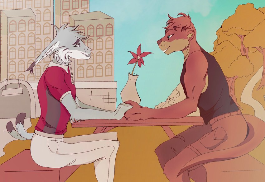 anthro bench duo femboy furniture love male male/male romantic romantic_ambiance romantic_couple table echo_(game) echo_(series) echo_project sydney_bronson tj_hess canada_lynx felid feline lynx mammal mustelid otter hi_res