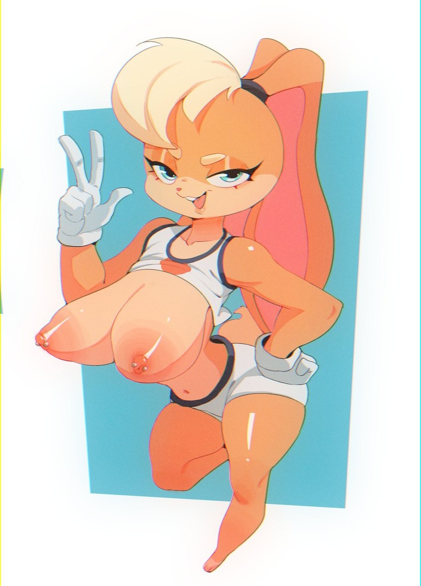 anthro areola big_ears biped blonde_hair blue_eyes breasts buckteeth clothing female fingers fur gloves hair handwear long_breasts looking_at_viewer nipple_piercing nipples open_mouth open_smile orange_body orange_fur orange_tail piercing pupils short_tail simple_background smile solo tail teeth sachsech205 looney_tunes warner_brothers lola_bunny lagomorph leporid mammal rabbit hi_res