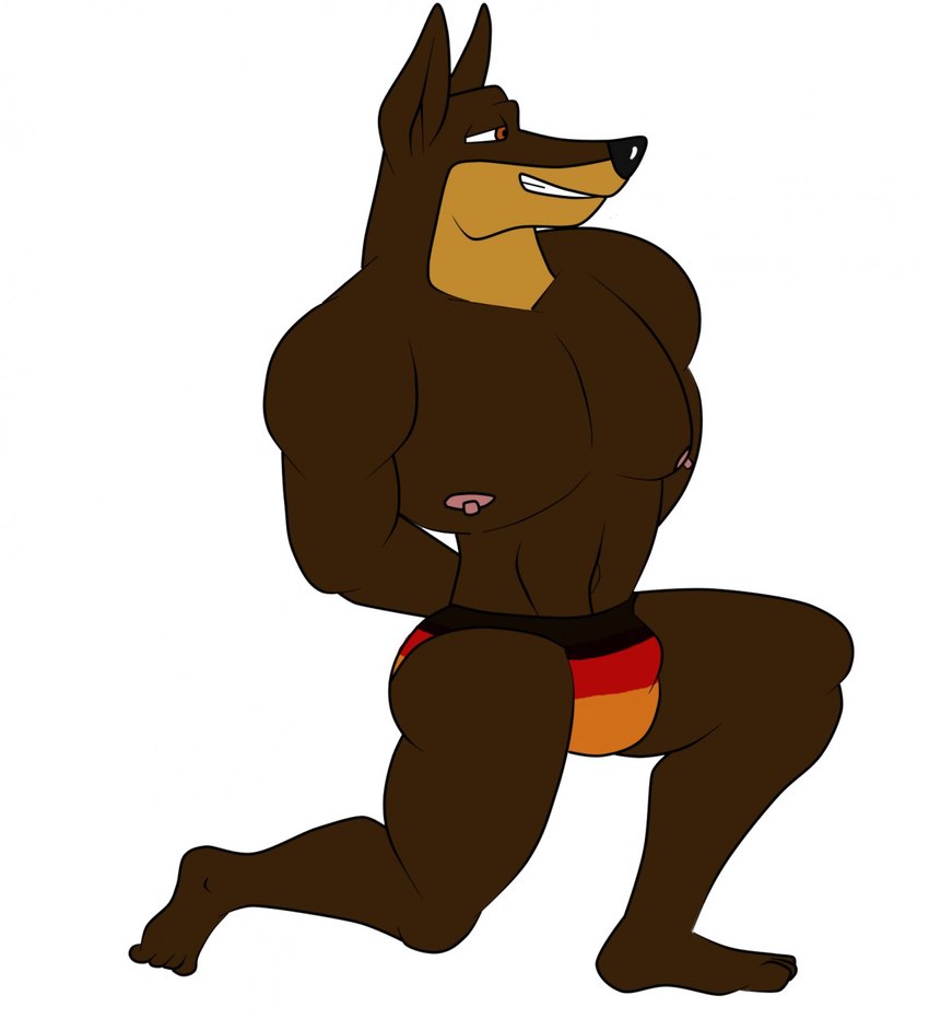 anthro barefoot black_nose bottomwear brown_body brown_eyes brown_fur bulge clothed clothing erect_nipples feet flag flag_bottomwear flag_clothing flag_print flag_speedo flag_swimwear fur german_flag germany male male_anthro muscular muscular_anthro muscular_male nipples pink_nipples pose print_bottomwear print_clothing print_speedo print_swimwear solo speedo speedo_only swimwear swimwear_only teeth topless topless_anthro tateshaw road_rovers warner_brothers blitz_(road_rovers) canid canine canis dobermann domestic_dog mammal pinscher hi_res