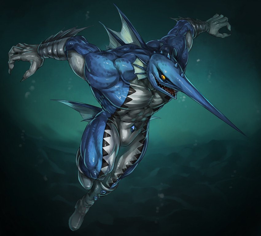 anthro black_sclera blue_body blue_skin claws dorsal_fin featureless_crotch fin male mostly_nude quads serratus solo spikes spikes_(anatomy) triceps underwater water white_body white_skin wrestling_boots yellow_eyes death_mahi ultimate_muscle marlinman billfish fish istiophoriform marine marlin absurd_res hi_res