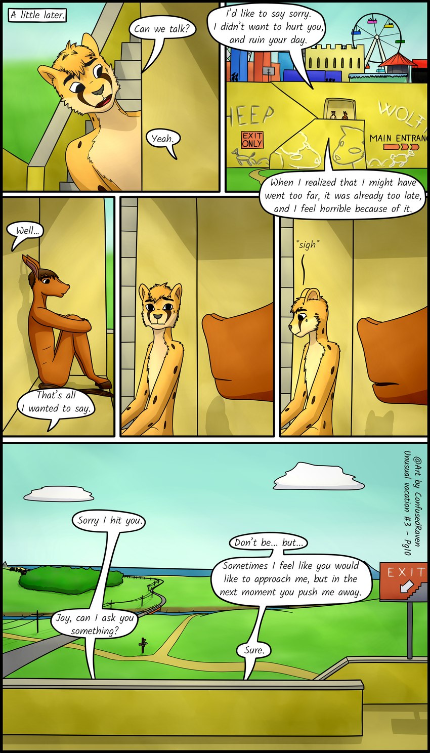 adolescent amusement_park amusement_ride anthro casual_nudity dialogue duo ferris_wheel landscape male nude text young confusedraven dave_(confusedraven) jay_(confusedraven) cheetah equid equine felid feline horse mammal 4:7 absurd_res comic english_text hi_res