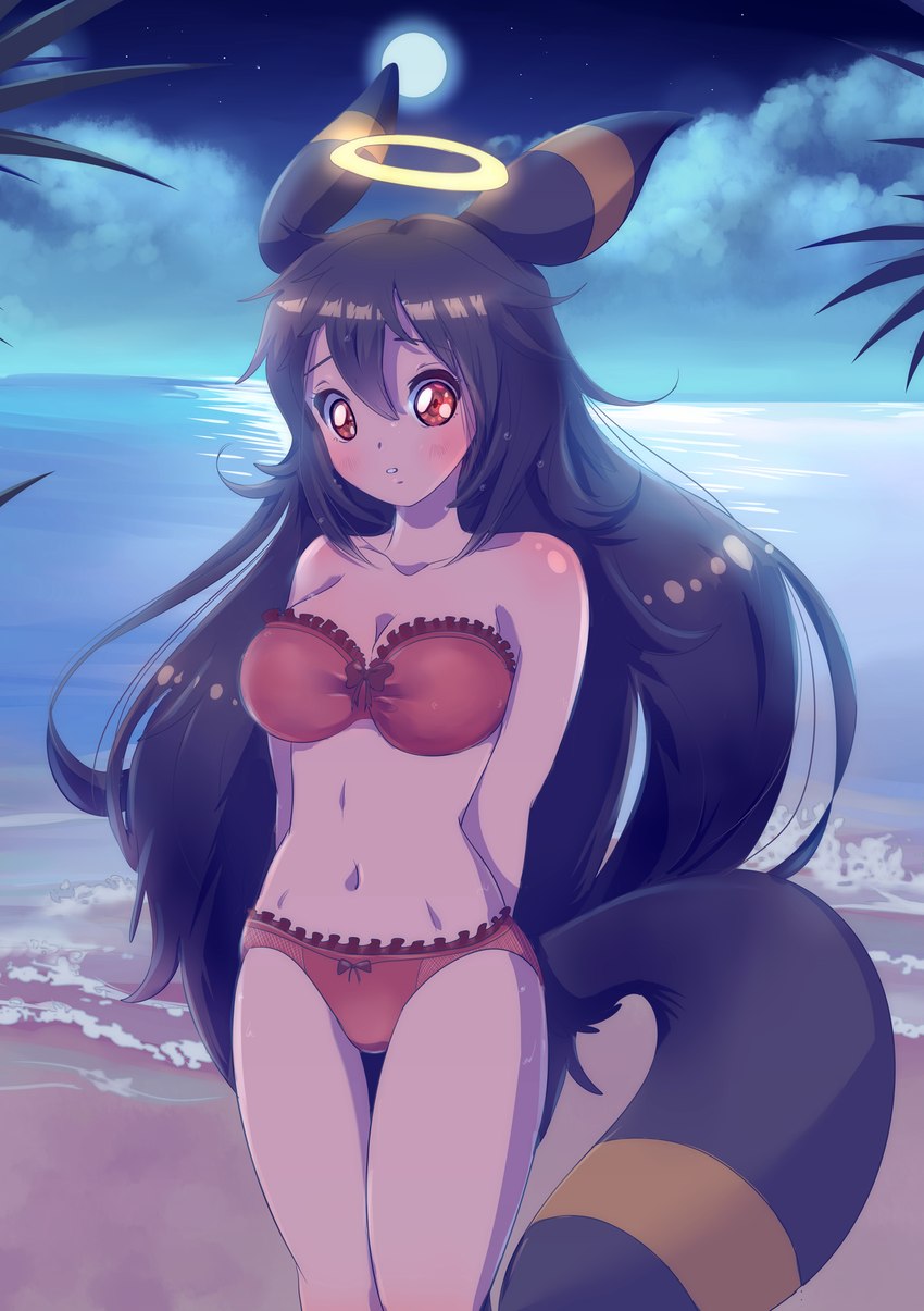 beach bikini black_ears black_eyebrows black_hair black_tail blue_sky blush breasts cleavage clothed clothing cloud collarbone eyebrows female hair halo hands_behind_back leaf light long_hair long_tail looking_at_viewer markings navel night red_bikini red_clothing red_eyes red_swimwear sea shoulder_blush sky solo standing star starry_sky swimwear tail tail_markings tan_body tan_skin thin_eyebrows two-piece_swimsuit two_tone_tail water yellow_markings black_kitty nintendo pokemon fan_character marion_(wingsedge) eeveelution generation_2_pokemon humanoid pokemon_(species) pokemon_humanoid umbreon 2016 colored digital_drawing_(artwork) digital_media_(artwork) english_description hi_res lighting shaded