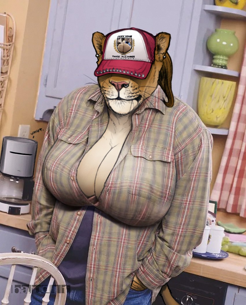 anthro baseball_cap big_breasts breasts cleavage clothed clothing covered_eyes ear_piercing facial_piercing female female_anthro fur hair hat hat_over_eyes headgear headwear kitchen nose_piercing nose_ring nostril_piercing nostril_ring overweight overweight_anthro overweight_female pattern_clothing piercing pink_nose plaid plaid_clothing ponytail red_clothing red_hat red_headwear ring_piercing solo spiked_hat tan_body tan_fur text band1tnsfw disney meme_clothing zootopia judy_hopps m1lf_band1t_(band1tnsfw) felid lagomorph leporid lion mammal pantherine rabbit absurd_res draw_over english_text hi_res meme photo_manipulation photomorph translated