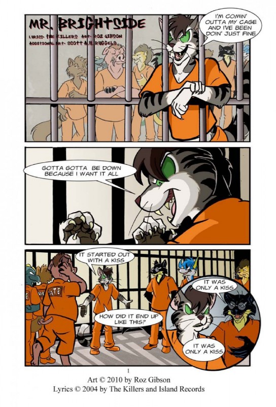 anthro bars claws dialogue eyewear fangs glasses green_eyes inmates_clothing lyrics male open_mouth orange_jumpsuit prison speech_bubble tail teeth text tongue david_hopkins roz_gibson jack_(webcomic) mr._brightside the_killers drip_(jack) jack_salem domestic_cat domestic_pig felid feline felis gulonine lion mammal marten mustelid musteline pantherine sable_(marten) scalie suid suine sus_(pig) 2010 comic english_text hi_res