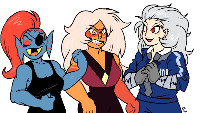 blush bodily_fluids breasts cleavage clenched_teeth clothed clothing eye_patch eyewear female grey_hair group hair muscular muscular_female open_mouth orange_eyes red_eyes red_hair sharp_teeth smile sweat sweatdrop teeth white_hair isomaru cartoon_network dorohedoro steven_universe undertale undertale_(series) jasper_(steven_universe) noi_(dorohedoro) undyne alien alien_humanoid boss_monster_(undertale) bovid caprine fish gem_(species) human humanoid jasper_(gem_species) mammal marine monster quartz_(gem_species) 2016 crossover