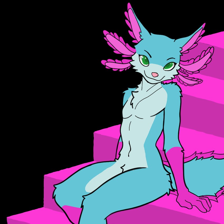 anthro blue_body blue_fur femboy fluffy fluffy_tail fur green_eyes male pink_background pink_body pink_fur simple_background solo stairs tail tide_wolfia drift amphibian axolotl canid canine canis hybrid mammal marine mole_salamander salamander wolf character: check_tag_type