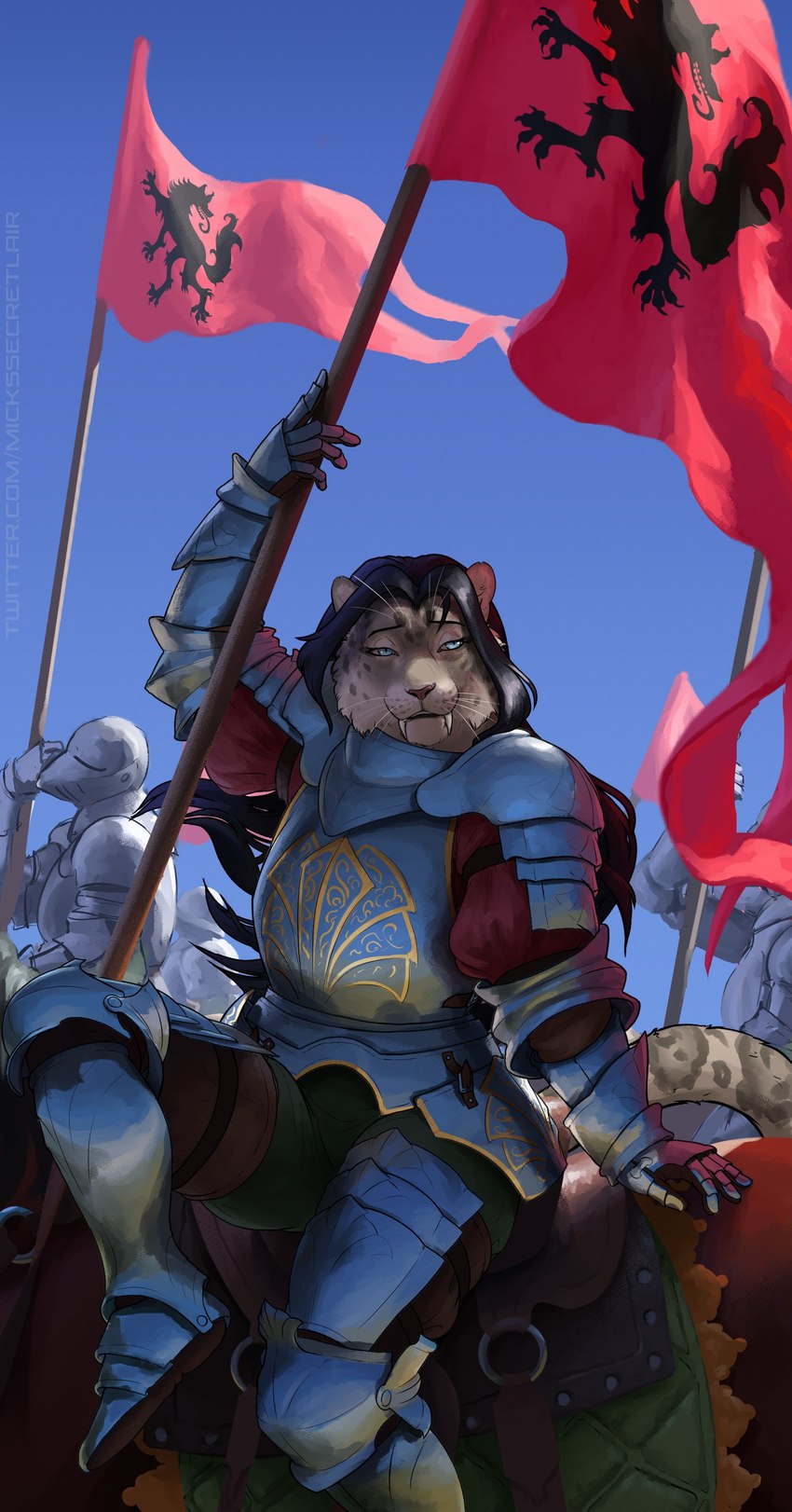 anthro armor black_hair fangs female flag group hair horseback_riding long_hair looking_at_viewer male plate_armor riding saddle sky smile teeth mickey_the_retriever helena_sif_(elfox) felid mammal pantherine snow_leopard absurd_res hi_res