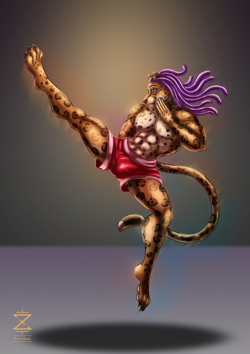 anthro bottomwear clothing hair humanoid_hands kick male muscular muscular_male purple_eyes purple_hair shadow shorts solo underwear catzakir yang_(catzakir) felid jaguar mammal pantherine hi_res