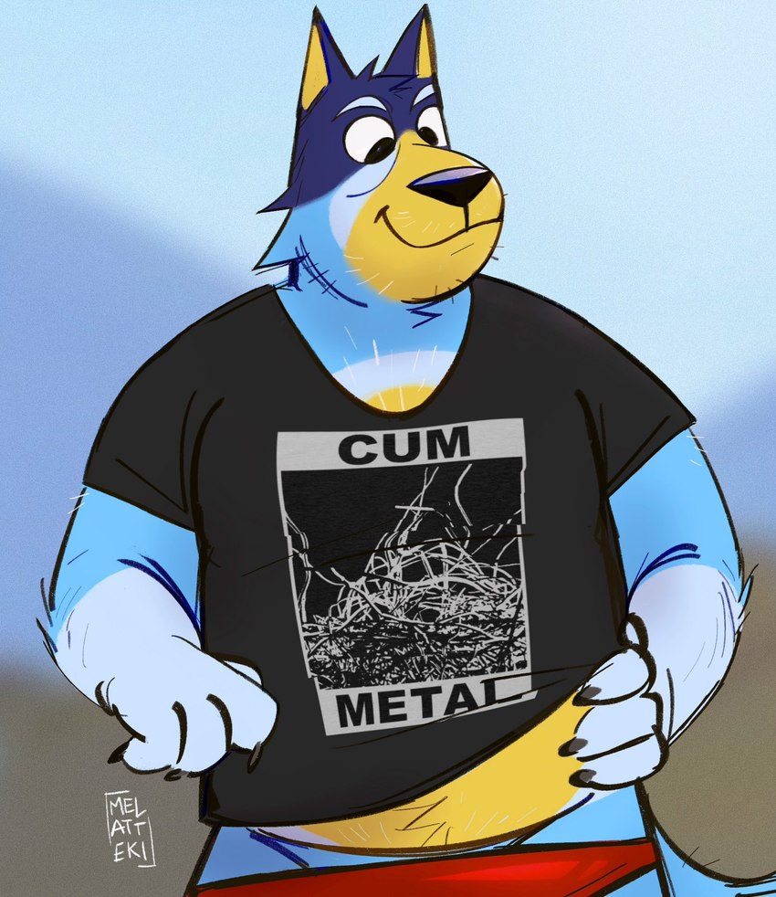 anthro band_shirt belly blurred_background claws clothing eyebrows front_view fur humor male outside shirt simple_background slightly_chubby slightly_chubby_anthro slightly_chubby_male smile solo standing t-shirt text text_on_clothing text_on_shirt text_on_t-shirt text_on_topwear topwear tuft underwear melatteki bluey_(series) health_(band) bandit_heeler australian_cattle_dog canid canine canis cattledog domestic_dog herding_dog mammal pastoral_dog 2024 english_text hi_res signature