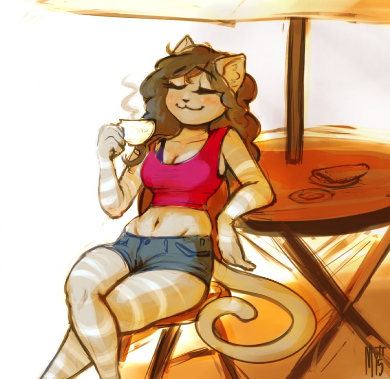 anthro biped blush breasts cleavage clothed clothing container crossed_legs cup eyes_closed female furniture hair long_hair midriff navel sitting solo table commander_ledi baoh domestic_cat felid feline felis mammal 2015 digital_media_(artwork)