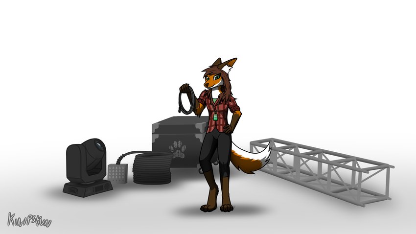 4_toes 5_fingers anthro barefoot black_bottomwear black_clothing black_pants black_yoga_pants bottomwear brown_ears brown_hair brown_hands brown_paws cable claws clothed clothing collared_shirt countershading digitigrade dipstick_ears dipstick_tail ear_markings equipment feet female fingers flight_case fully_clothed fur fur_markings gloves_(marking) green_clothing green_eyes green_shirt green_topwear hair hand_on_hip holding_cable holding_object inner_ear_fluff lanyard leg_markings light looking_at_viewer markings moving_head_light multicolored_ears name_tag orange_body orange_fur pants pattern_clothing pattern_shirt pattern_topwear paws plaid plaid_clothing plaid_shirt plaid_topwear red_clothing red_shirt red_topwear rolled_up_sleeves shirt simple_background smile socks_(marking) solo stage_lights standing tail tail_markings toes topwear truss tuft under_shirt white_background yoga_pants kinipshun michelle_(kinipshun) alderian canid canine fox mammal 16:9 absurd_res hi_res lighting widescreen