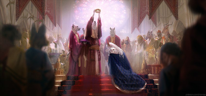 cape clothed clothing coronation crowd crown female group headgear male stained_glass temple nomax antelope bear bovid canid canine canis equid equine felid feline horse jackal lion mammal pantherine polar_bear ursine 2021 digital_media_(artwork)