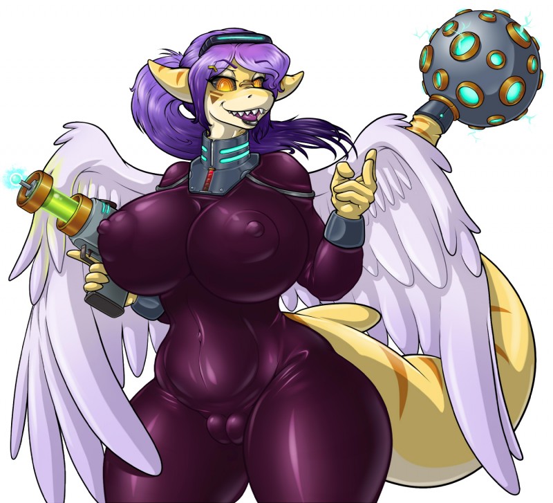 anthro big_breasts black_bodysuit black_clothing black_latex black_skinsuit bodysuit breasts camel_toe clothing cybernetic_limb cybernetic_tail cybernetics energy_weapon feathered_wings feathers female gun hair holding_gun holding_object holding_ranged_weapon holding_weapon latex looking_at_viewer machine nipple_outline non-mammal_breasts purple_hair ranged_weapon scales skinsuit solo standing tail thick_tail thick_thighs tight_clothing weapon white_wings wings yellow_body yellow_eyes yellow_scales adjatha trials_in_tainted_space feruze_(tits) fish marine shark suula hi_res