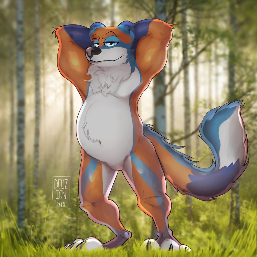 anthro blue_eyes featureless_crotch forest forest_background fur grass hands_behind_head looking_at_viewer male multicolored_body multicolored_fur nature nature_background overweight overweight_male plant solo tree deuzion nurko bear mammal 1:1 2018 hi_res