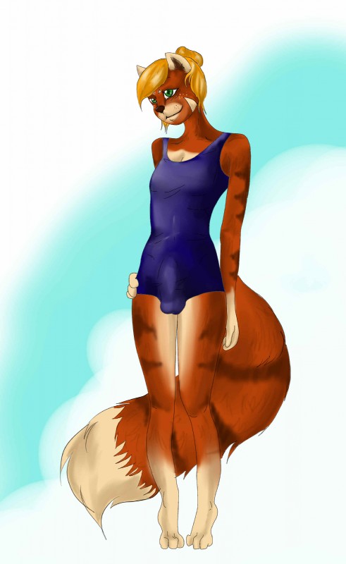 anthro blonde_hair bulge clothed clothing crossdressing detailed_bulge femboy freckles genital_outline hair male penis_outline school_swimsuit smile solo swimwear kaeaskavi suka ailurid mammal red_panda absurd_res hi_res