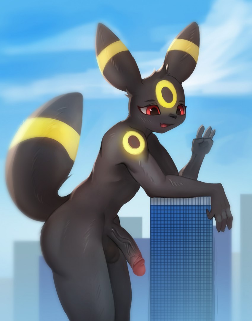 5_fingers anthro anthrofied balls black_body black_fur building city cloud evolved fingers fur fur_markings genitals giga humanoid_genitalia humanoid_penis macro male markings open_mouth penis sky skyscraper vein veiny_penis yellow_body yellow_fur ti-suger nintendo pokemon eeveelution generation_2_pokemon pokemon_(species) umbreon 2022 hi_res