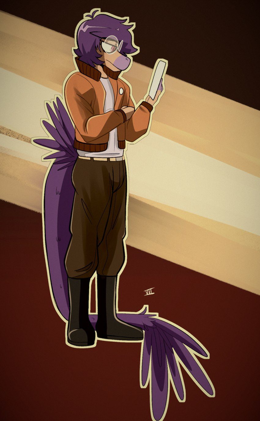 abstract_background anthro big_tail boots clothing cosplay crossover_cosplay eyewear feathered_tail feathers footwear glasses hair jacket long_tail male multicolored_body multicolored_scales pink_eyes purple_body purple_feathers purple_hair purple_scales purple_tail scales shoes short_hair snout solo tail tan_body tan_scales topwear two_tone_body two_tone_scales seven_(artist) disco_elysium goodbye_volcano_high kim_kitsuragi sage_(gvh) dinosaur dromaeosaurid feathered_dinosaur feathered_scalie microraptor prehistoric_species reptile scalie theropod 2024 artist_name crossover digital_drawing_(artwork) digital_media_(artwork) hi_res watermark trans_(lore) trans_man_(lore)