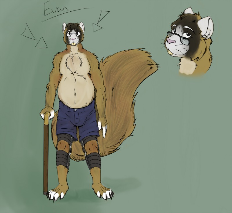 anthro barefoot biped bottomwear cane clothed clothing eyewear feet glasses leg_braces male overweight overweight_anthro overweight_male shorts solo tail topless skunkjunkie evan_(evanskvrl) fox_squirrel mammal rodent sciurid southern_fox_squirrel tree_squirrel