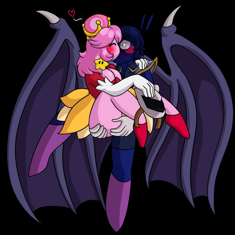 alternate_species armwear blue_hair breasts bridal_gauntlets cataract clothing crown duo female grey_eyes hair headgear humanoidized kissing male mask membrane_(anatomy) membranous_wings not_furry pink_hair rosy_cheeks super_crown wings yoshimister kirby_(series) mario_bros nintendo kirby meta_knight humanoid mammal 1:1 absurd_res alpha_channel hi_res