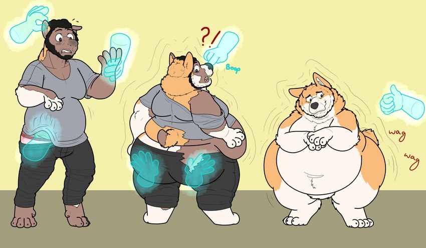 anthro bashful belly big_belly big_butt black_hair boop butt claws clothed clothed_to_nude clothing disembodied_hand fur gesture ghost_hand group hair hand_gesture hand_on_belly hand_on_butt height_reduction human_to_anthro interrobang male moobs nose_boop obese obese_anthro obese_male open_mouth overweight overweight_anthro overweight_male slightly_chubby slightly_chubby_human slightly_chubby_male smile solo_focus species_transformation surprise tail tail_motion tailwag tan_body tan_fur teapot_(body_type) teeth text thick_thighs thumbs_up toe_claws torn_clothing transformation transformation_sequence weight_gain wide_hips mongrel_mika canid canine canis domestic_dog herding_dog human mammal pastoral_dog welsh_corgi english_text hi_res sequence