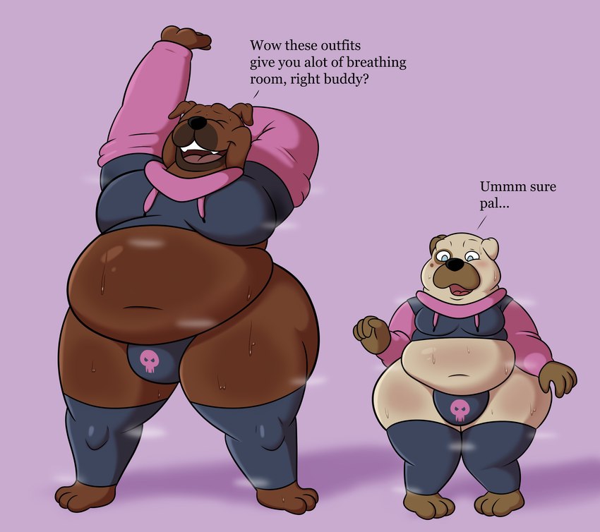 anthro belly big_butt black_clothing black_hoodie black_leg_warmers black_legwear black_nose black_thong black_topwear black_underwear blue_eyes blush bodily_fluids brown_body brown_ears brown_fur butt clothing cropped_hoodie dialogue duo eyes_closed front_view fur hoodie huge_butt leg_warmers legwear male mismatched_ears moobs multicolored_body multicolored_clothing multicolored_fur multicolored_thong multicolored_topwear multicolored_underwear musk musk_clouds navel obese obese_anthro obese_male overweight overweight_anthro overweight_male pink_clothing pink_hoodie pink_thong pink_topwear pink_underwear purple_background question question_mark simple_background size_difference standing stretching sweat sweaty_belly sweaty_body sweaty_butt sweaty_legs teeth text thick_thighs thong tongue topwear two_tone_body two_tone_clothing two_tone_fur two_tone_hoodie two_tone_thong two_tone_topwear two_tone_underwear underwear colossalstars meme_clothing paggi_outfit bendro_(colossalstars) billy_(colossalstars) bulldog canid canine canis domestic_dog mammal mastiff molosser pug small_molosser toy_dog 2024 absurd_res digital_media_(artwork) english_text hi_res meme