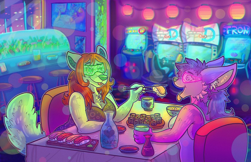 1990s alcohol anthro arcade arcade_machine beverage chopsticks container cup cyberpunk date_night duo feeding_each_other female female/female food furniture future futuristic green_body hair holographic japanese long_hair neon neon_lights open_mouth pink_body purple_body restaurant sake sake_bottle sushi table tongue visor nightlinez tron ayren_(ayrenthewolf) emberfox canid canine canis fennec_fox fox mammal true_fox wolf trans_(lore)