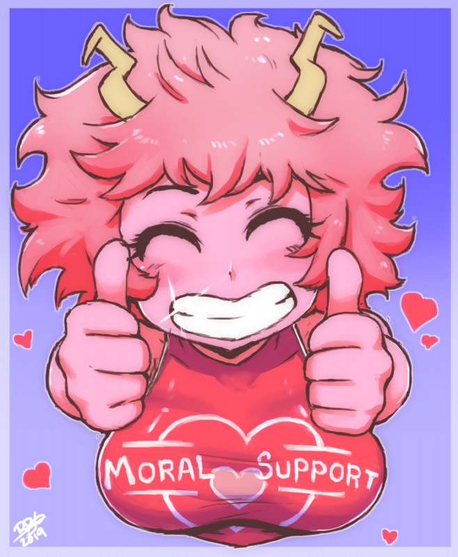 5_fingers blush breasts clothed clothing double_thumbs_up eyelashes eyes_closed female fingers gesture hair hand_gesture heart_symbol horn not_furry pink_body pink_hair pink_skin shirt smile solo teeth thumbs_up topwear randomboobguy my_hero_academia ashido_mina horned_humanoid humanoid hi_res