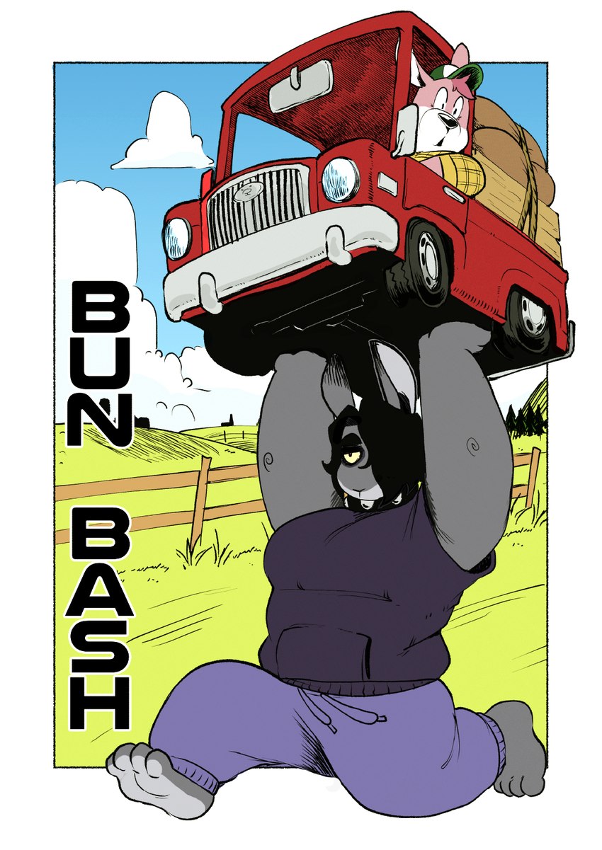 anthro barefoot car clothed clothing collar countryside dark_hair duo ears_up feet female fur grey_body grey_fur gynomorph hair herm holding_object inside_car inside_vehicle intersex male motor_vehicle muscular muscular_anthro one_eye_obstructed paws pink_hair text toony_car vehicle peculiart third-party_edit bun_bash ruth_(peculiart) hare humanoid lagomorph leporid mammal rabbit 2023 colored comic digital_media_(artwork) english_text hi_res