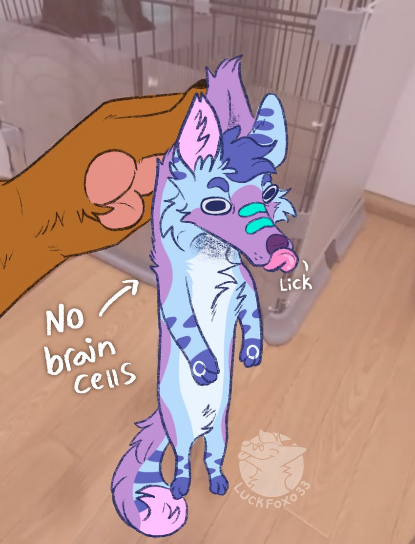 ambiguous_gender anthro blue_body blue_fur blue_hair brown_body brown_fur cheek_tuft duo facial_tuft feral fur green_markings hair half-closed_eyes humor licking licking_lips male markings narrowed_eyes pawpads paws pink_pawpads purple_body purple_fur scruff scruff_grab shitpost sound_effects text tongue tongue_out tuft luckfoxo33 dogshaming no_thoughts_head_empty tatum_koenig tolng canid canine felid fox lion mammal pantherine english_text hi_res meme andromorph_(lore) gynomorph_(lore) trans_(lore) trans_man_(lore) trans_woman_(lore)