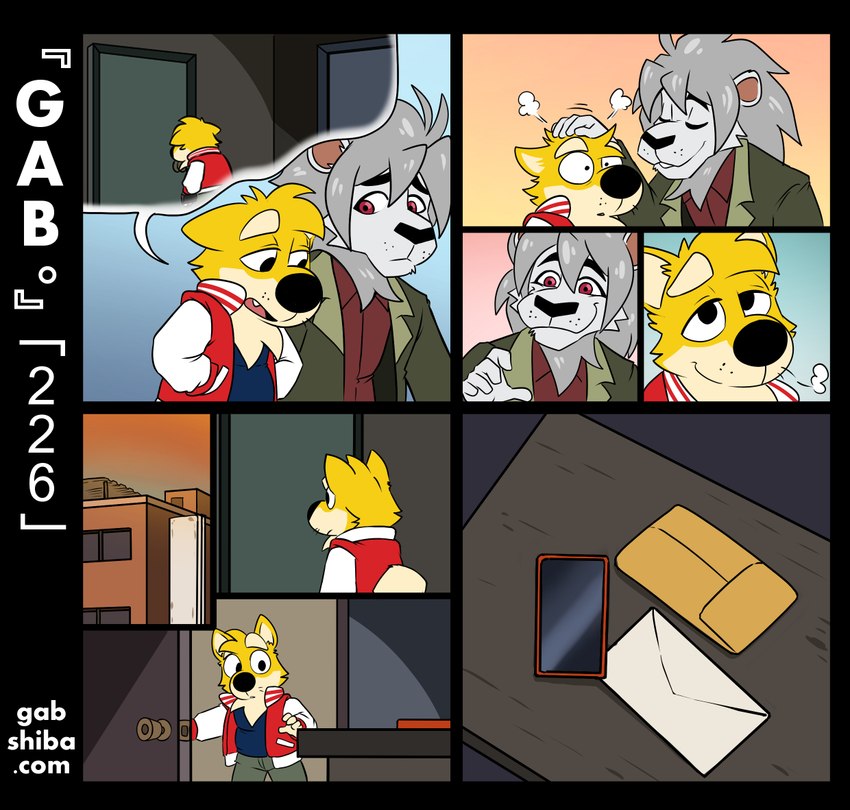 anthro black_nose cellphone clothed clothing countershading dialogue duo ears_down electronics envelope fur headpat inside male male/male opening_door phone pivoted_ears red_eyes romantic romantic_couple sad speech_bubble text white_body white_fur worried yellow_body yellow_fur gabshiba gab_(comic) elion_(gabshiba) gab_shiba canid canine canis domestic_dog felid lion mammal pantherine shiba_inu spitz comic pictographics url