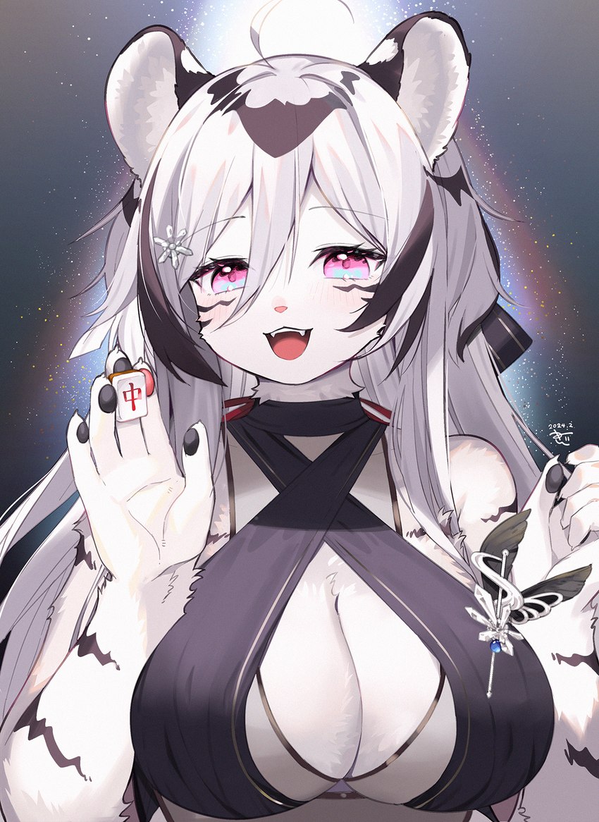 anthro big_breasts blush breasts clothed clothing female fur hair kemono looking_at_viewer smile solo stripes white_body white_fur kishibe mahjong_soul hannah_(mahjong_soul) felid mammal pantherine tiger 2024 hi_res