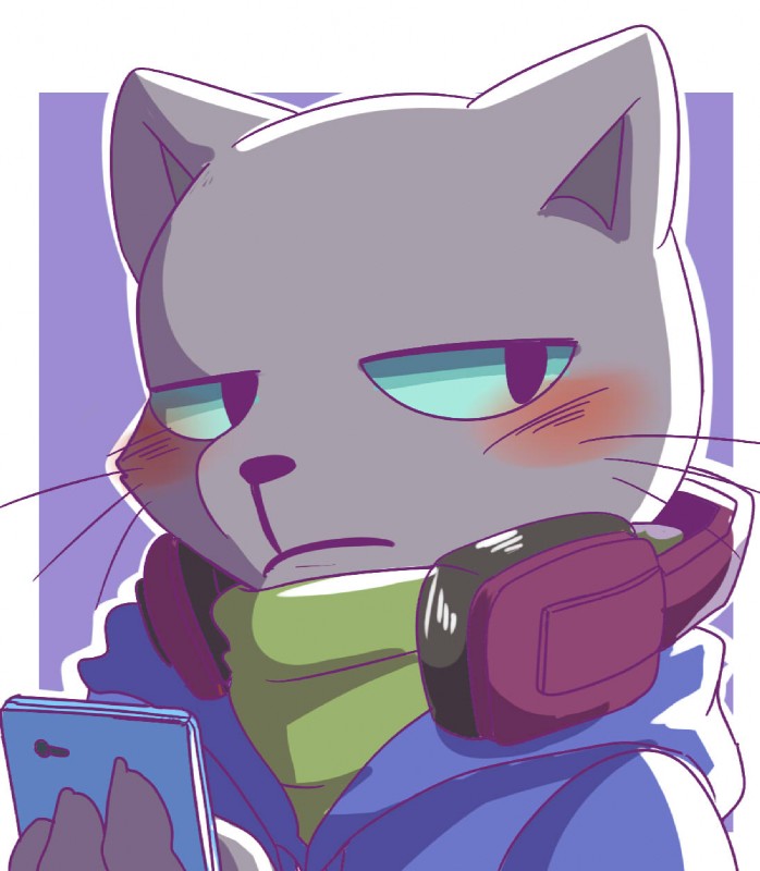 anthro blue_eyes blue_sweatshirt blush border clothed clothing electronics fur green_clothing green_shirt green_topwear grey_body grey_fur headphones hoodie male phone shirt solo topwear whiskers white_border saku1saya working_buddies! kuehiko_roshihara domestic_cat felid feline felis mammal 2018 hi_res