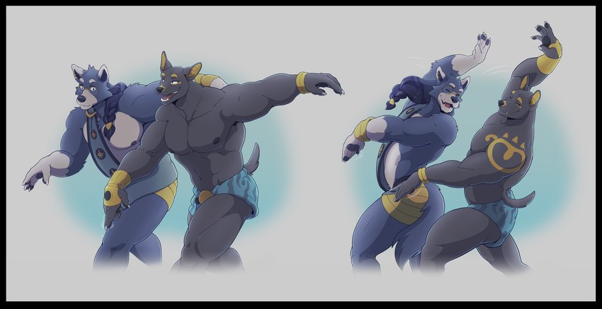 anthro barazoku black_border border dancing duo gold_markings male markings muscular muscular_anthro muscular_male nipples tail thepurp adastra adastra_(series) echo_project khemia neferu_(adastra) scipio_(khemia) anubian_jackal canid canine canis jackal mammal wolf 2023 absurd_res digital_media_(artwork) hi_res