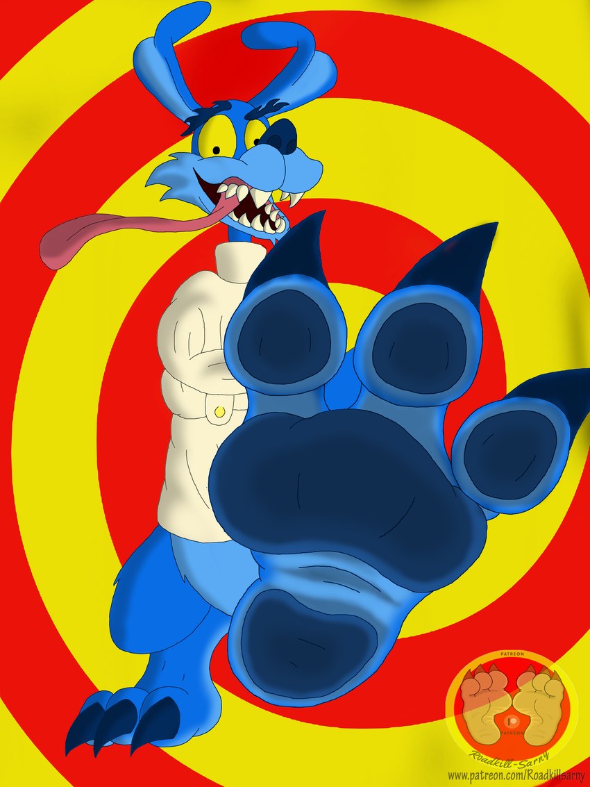 3_toes abstract_background anthro blue_body blue_fur bottomless bottomless_anthro bottomless_male claws clothed clothing eyebrows feet foot_focus fur insane logo looking_at_viewer male male_anthro on_one_leg open_mouth patreon_logo pawpads restraints solo spiral_background standing straitjacket teeth text toe_claws toes tongue tongue_out roadkill-sarny activision crash_bandicoot_(series) patreon ripper_roo kangaroo macropod mammal marsupial 2023 3:4 absurd_res artist_logo colored digital_drawing_(artwork) digital_media_(artwork) hi_res url