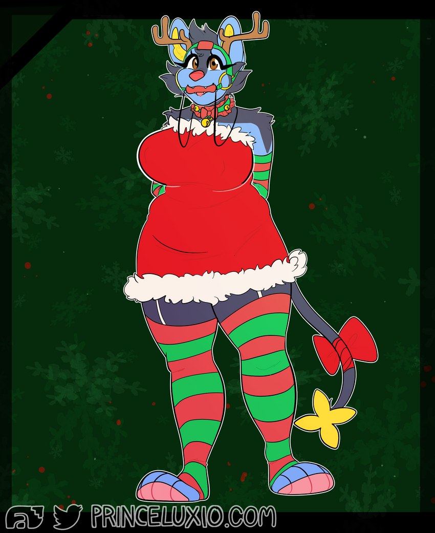 anthro anthrofied clothed clothing female festive holidays pokemorph solo puppeon christmas nintendo pokemon pup_(puppeon) santa_claus canid canine canis domestic_dog generation_4_pokemon luxio mammal pokemon_(species) absurd_res hi_res