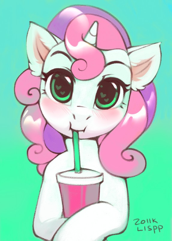 beverage blush container cup drinking drinking_straw eyebrows eyelashes female feral food gradient_background green_background green_eyes hair heart_eyes heart_symbol holding_food holding_object hooves horn looking_at_viewer multicolored_hair nude pink_hair puffed_cheeks purple_hair simple_background solo two_tone_hair lispp friendship_is_magic hasbro my_little_pony mythology sweetie_belle_(mlp) equid equine mammal mythological_creature mythological_equine unicorn 2018 bust_portrait hi_res portrait signature