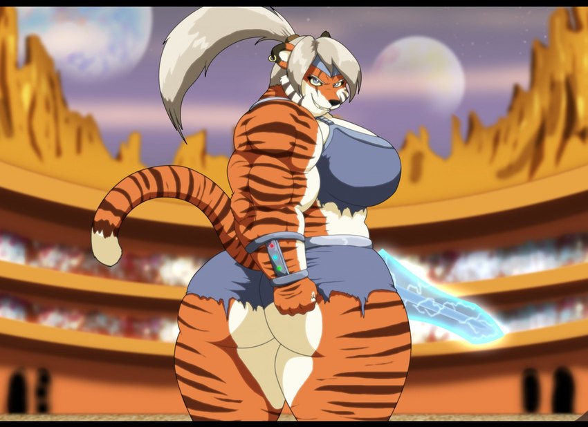 amazon anthro arena big_breasts big_butt blue_eyes bottomwear breasts butt clothing energy_sword female fur hair huge_breasts hyper melee_weapon multicolored_body multicolored_fur muscular muscular_anthro muscular_female orange_body orange_fur planet ponytail solo striped_body striped_fur stripes sword teeth topwear two_tone_body two_tone_fur weapon xxsparcoxx celendys_(xxsparcoxx) felid mammal pantherine tiger 2016 digital_media_(artwork)