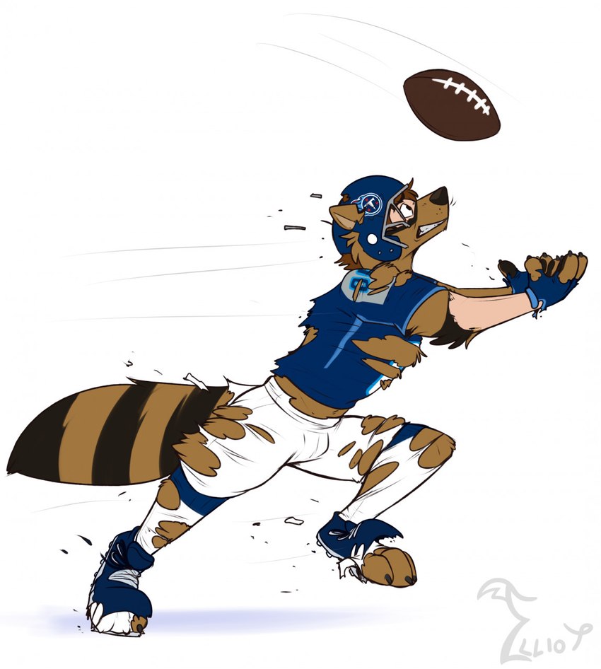 anthro armor ball bottomwear broken_helmet brown_body brown_fur cleats clenched_teeth clothing fingerless_gloves football_gear football_helmet football_jersey football_pants football_player football_uniform footwear fur gloves gridiron_ball growth handwear headgear helmet human_to_anthro jersey male mascot pants running simple_background socks solo species_transformation tail_growth_in_pants teeth torn_clothing transformation white_background binturongboss nfl tennessee_titans pheagle t-rac mammal procyonid raccoon 2022 hi_res