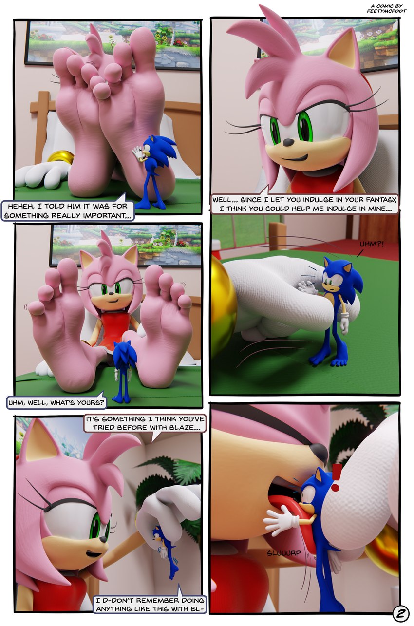 4_toes anthro barefoot dialogue duo extreme_size_difference feet female foot_fetish foot_focus foot_play foot_rub humanoid_feet licking male male/female micro plantigrade size_difference soles speech_bubble text toes tongue tongue_out feetymcfoot sega sonic_the_hedgehog_(series) amy_rose sonic_the_hedgehog eulipotyphlan hedgehog mammal 3d_(artwork) absurd_res comic digital_media_(artwork) english_text hi_res