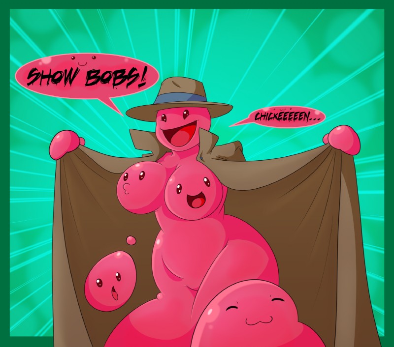 black_eyes breasts brimmed_hat brown_clothing brown_hat brown_headwear brown_trenchcoat clothing coat dialogue female flashing hat headgear headwear humor mitten_hands not_furry pink_body red_tongue slime smile speech_bubble tongue topwear trenchcoat heart0fink_(artist) slime_rancher bob_(slime_rancher) goo_creature pink_slime_(slime_rancher) slime_(slime_rancher) hi_res