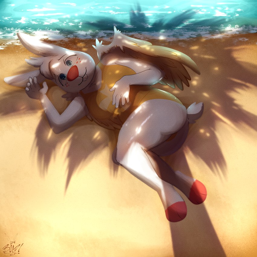 anthro beach clothed clothing feathered_wings feathers female freckles fur hair light looking_at_viewer outside relaxed_expression relaxing sand seaside shadow shoreline smile smiling_at_viewer solo sunlight swimwear tail water wet wings beep! angel_hare the_east_patch angel_gabby angel angel_hare_(the_east_patch) hare lagomorph leporid mammal rabbit 1:1 digital_media_(artwork) hi_res